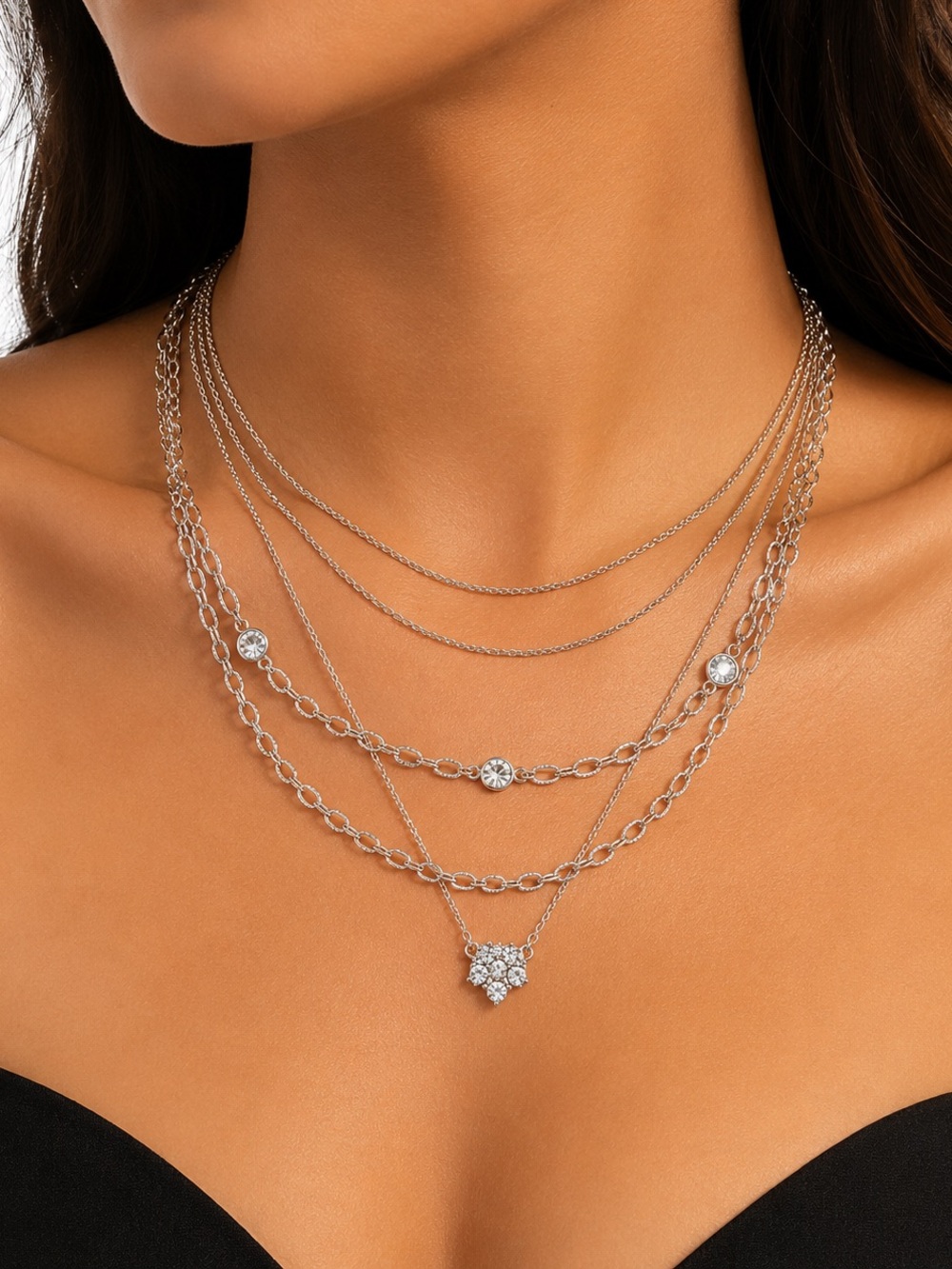 Zara Silver-Tone Layered Necklace with Crystal Accents